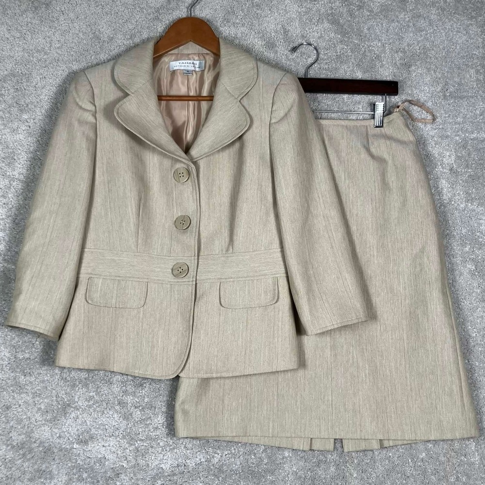 Tahari Skirt Suit Women Size 8 Beige Herringbone Blazer Pencil Skirt Peter Pan